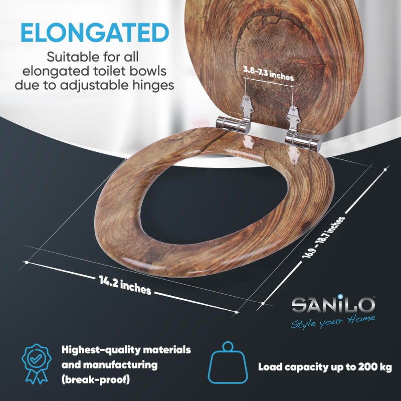SANILO Wooden Toilet Seat with Soft Close [ELONGATED] - Decorative, Quiet & Slow Close Molded Wood Seat - With Strong Bumpers & Hinges - Adjustable Fit - Rustic - Image 3